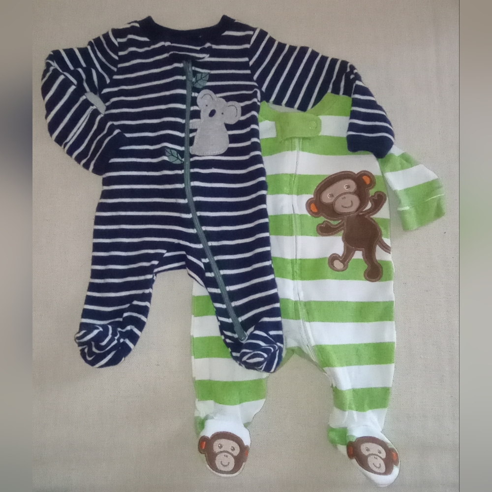 Newborn Boy 2 Piece Bundle Striped Navy Koala and Green Monkey One Piece Footies